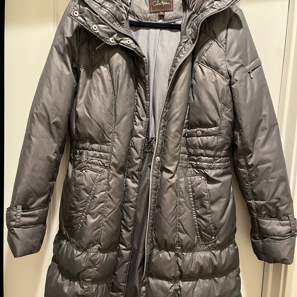 Cole Haan Women's Charcoal Gray Quilted Long Puffer Coat with Hood